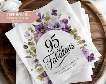 95th Celebration Napkins, Purple Floral 95 and Fabulous Party Decor, Milestone Birthday Napkins, Personalized Custom Napkin Set