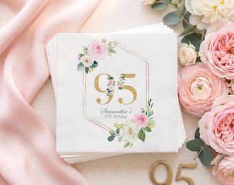 Elegant Pink Floral 95th Birthday Napkins, Custom Party Table Decor, Beautiful 95 Celebration Napkins, Special 95th Birthday Decorations