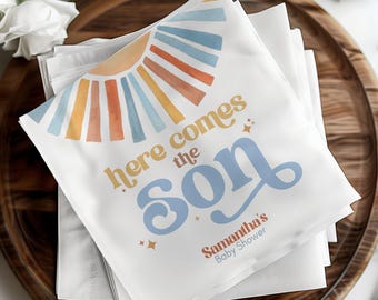 Sun Themed Baby Shower Napkins, Here Comes the Son Napkins, Party Decorations, Personalized Napkins, Custom Baby Shower Decor