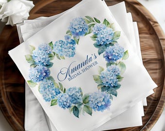 Floral Bridal Shower Napkins, Elegant Blue Hydrangea Heart, Personalized Party Napkins, Wedding Shower Decor, Custom Printed Napkins