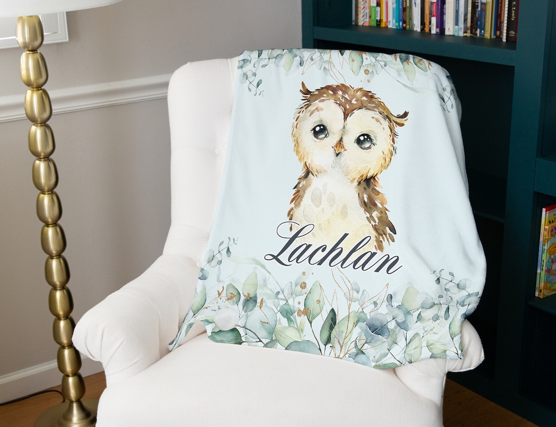 Owl Baby Blanket Baby Name Blanket For Boy Woodland Animal Etsy