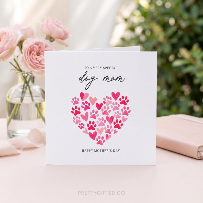 May include: A white greeting card with the text "TO A VERY SPECIAL dog mom" and "HAPPY MOTHER'S DAY". The card features a heart made of pink paw prints and hearts. Pink roses in a glass vase are in the background.