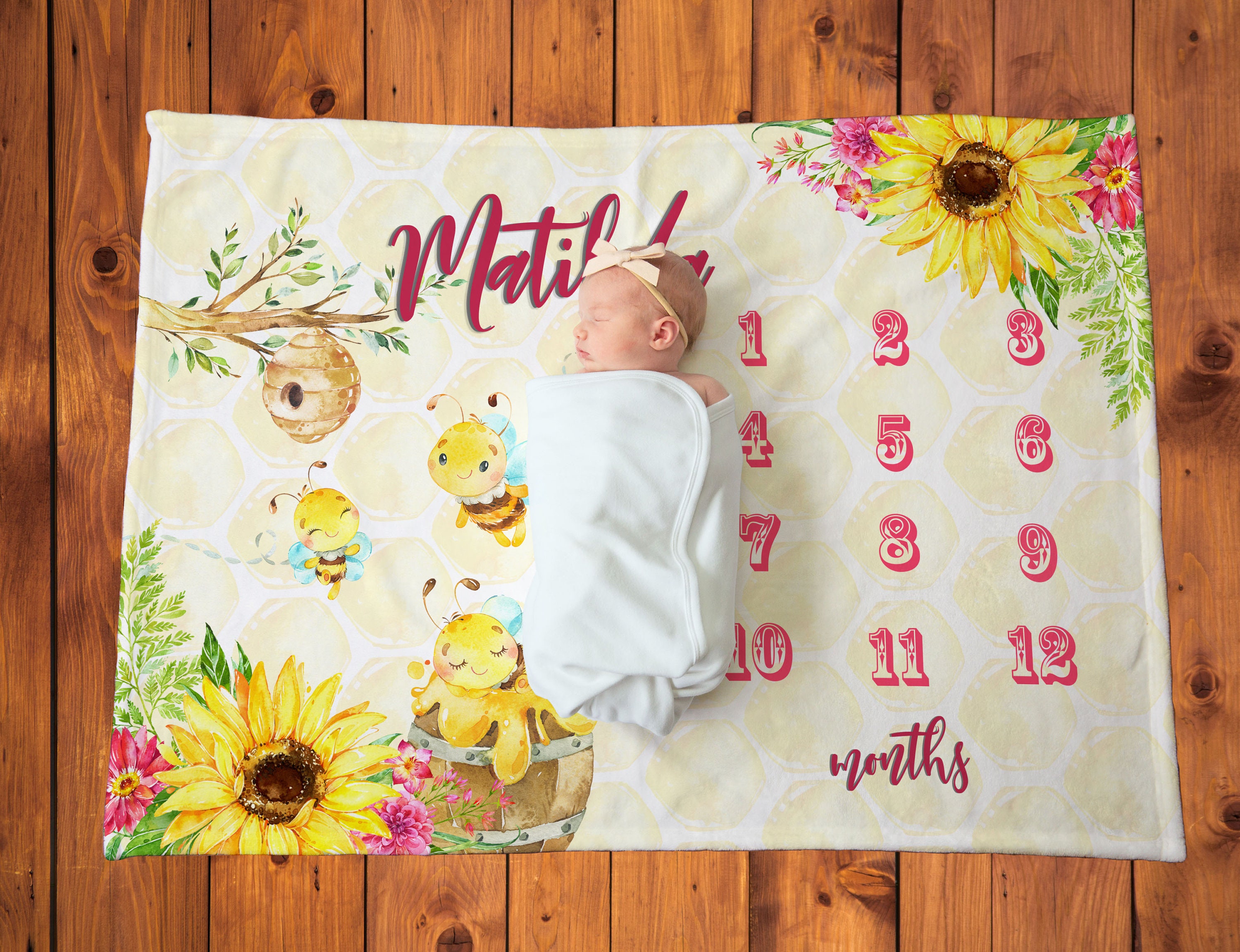Milestone Baby Blanket For A Girl With Cute Honey Bees Etsy