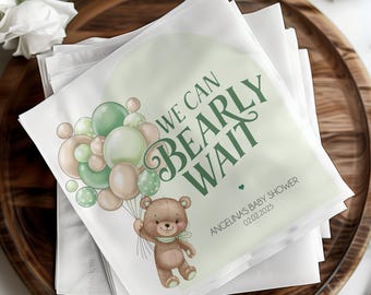 Personalized Teddy Bear Baby Shower Napkins, Green "We Can Bearly Wait" Napkins, Custom Bear Theme Baby Shower Decor, Cocktail Napkins