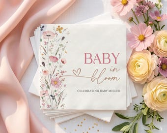 Baby in Bloom Napkins, Floral Shower Decorations, Personalized Party Napkins