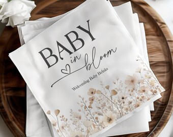 Baby in Bloom Napkins, Personalized Gender Neutral Wildflower Design, Elegant Baby Shower Decor, Floral Party Supplies, Set of 50, BIB