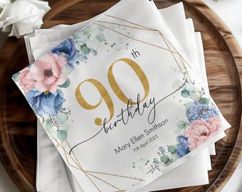 Personalized 90th Birthday Napkins with Floral Design, Custom Name and Date, Milestone Birthday Decor, 90th Birthday Party Napkins