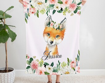 Floral Fox Personalized Blanket, Custom Name Cozy Throw, Watercolor Flowers and Fox, Nursery Decor, Unique Gift for Kids and Adults