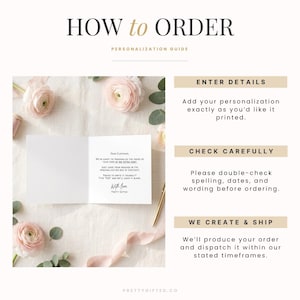 Puede incluir: Una gu&iacute;a de instrucciones titulada HOW TO ORDER PERSONALIZATION GUIDE. Muestra una tarjeta de felicitaci&oacute;n blanca con texto negro, rodeada de flores ran&uacute;nculos rosa p&aacute;lido y hojas verdes. Tres barras beige enumeran los pasos: ENTER DETAILS, CHECK CAREFULLY y WE CREATE & SHIP.