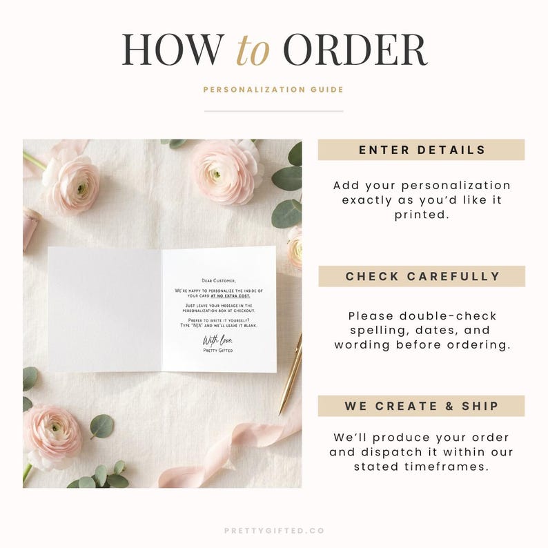 Puede incluir: Una gu&iacute;a de instrucciones titulada HOW TO ORDER PERSONALIZATION GUIDE. Muestra una tarjeta de felicitaci&oacute;n blanca con texto negro, rodeada de flores ran&uacute;nculos rosa p&aacute;lido y hojas verdes. Tres barras beige enumeran los pasos: ENTER DETAILS, CHECK CAREFULLY y WE CREATE & SHIP.