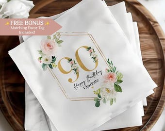 Custom 90th Birthday Napkins - Gold Floral Personalized Cocktail Luncheon Napkins - Unique Party Decorations For Ninetieth Birthday Party