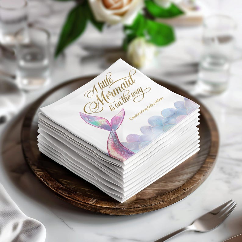 Mermaid Baby Shower Napkins – A Little Mermaid Is on the Way – Ocean-Themed Party Decor – 50-Pack Personalized Napkin Set image 5