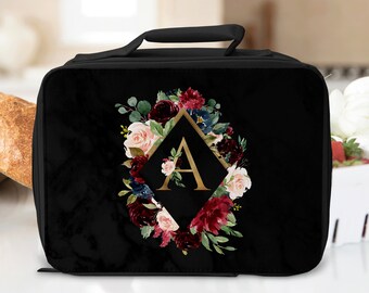 Womens Lunch Bag, Black Marble Insulated Lunch box, Personalized Monogram Adult Cooler Bag For The Office or Work, Floral Watercolor & Gold