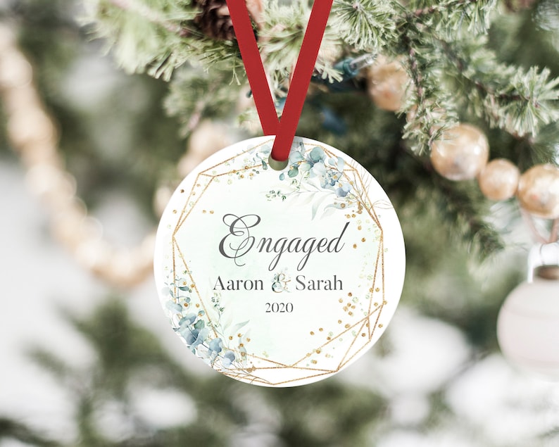 Personalised First Christmas Engaged Green Botanical Watercolour Metal Round Decoration Ornament Keepsake