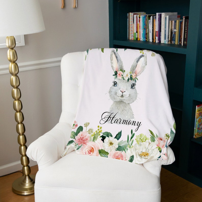 Floral Bunny Personalized Blanket, Soft Custom Throw with Rabbit Design, Pink Flowers Bedroom Decor image 5