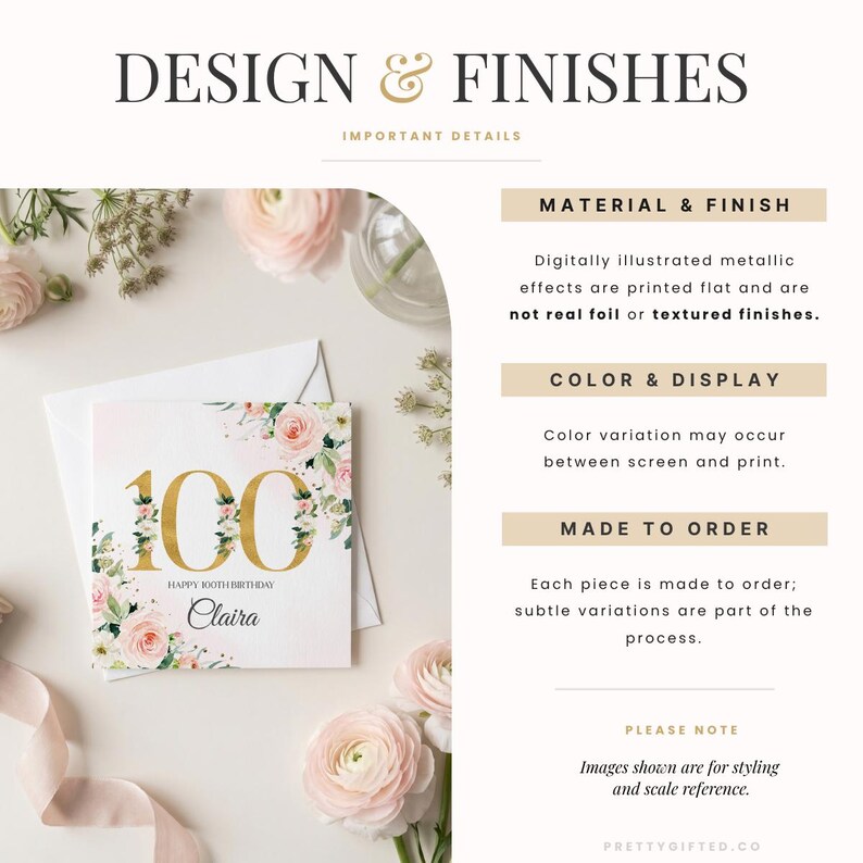 May include: A square birthday card with the number 100 in gold, surrounded by pink roses and green leaves. The card has the name "Claira" and the text "Happy 100th Birthday". The card is on a white surface with flowers.