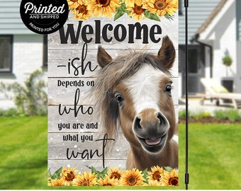 Rustic Sunflower Horse Welcome Garden Flag, Outdoor Decorative Flag, Unique Housewarming Gift, 12x18 Inch, Funny Welcome-ish Printed Flag