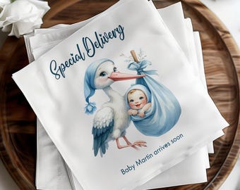 Stork Baby Shower Napkin, Baby Martin Special Delivery Napkin, Cute Baby Shower Napkin, Unique Baby Shower Decor Napkin