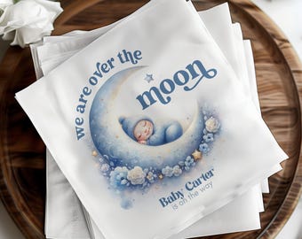 Personalized Over The Moon Napkins, Blue Baby Shower Napkins, Custom Moon And Stars Baby Boy Luncheon & Cocktail Napkin Set