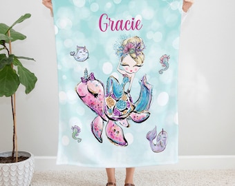 Whimsical Mermaid and Sea Turtles Fleece Blanket, Cozy Ocean Themed Throw, Personalized Name Kids Blanket, Soft Nursery Decor