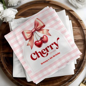 Personalized Cherry Party Napkins - Coquette Style for Birthday, Bridal Shower, or Baby Shower | Custom Pink Gingham Napkins