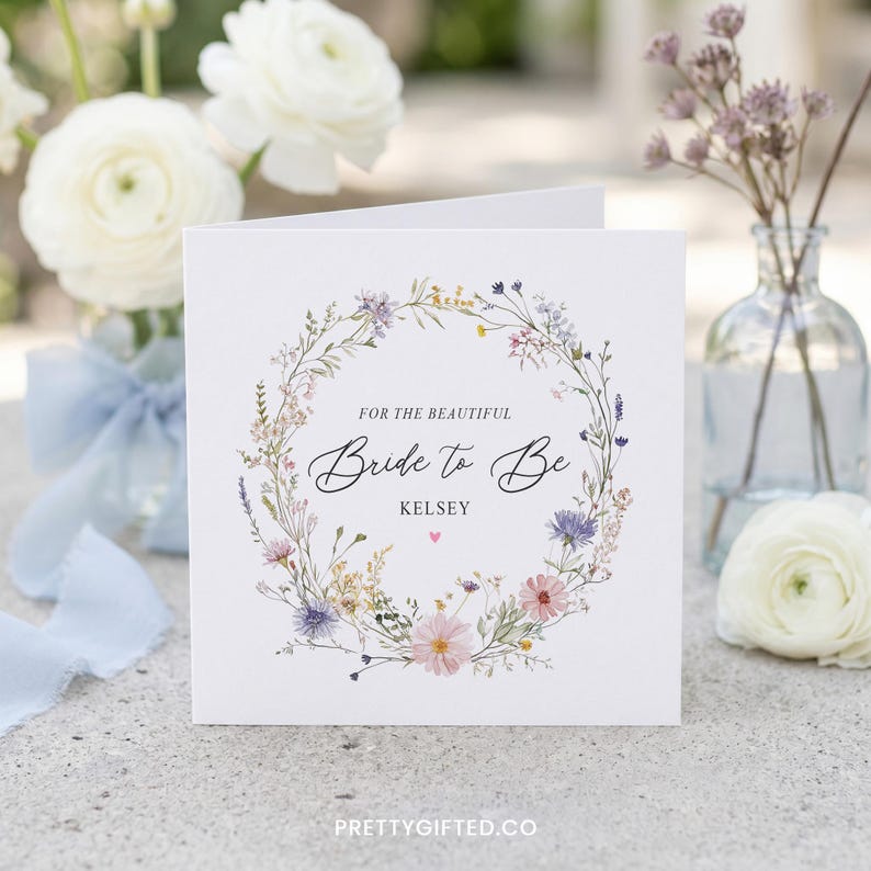 Puede incluir: Una tarjeta de felicitaci&oacute;n cuadrada blanca con una delicada corona de flores en acuarela en tonos rosa, azul y verde. El texto dice FOR THE BEAUTIFUL Bride to Be KELSEY con un peque&ntilde;o coraz&oacute;n rosa debajo, centrada sobre una superficie neutra.