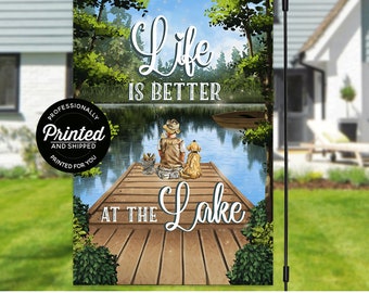 Life Is Better At The Lake Garden Flag, Rustic Dock Outdoor Decor, Fishing Lakeside Banner, 12x18 Spring Summer Yard Flag, Printed Flag