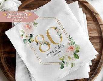 Elegant 80th Birthday Napkins, Floral 80th Celebration, Happy Birthday Personalized 80th Napkins for Party, Custom Printed Party Decor