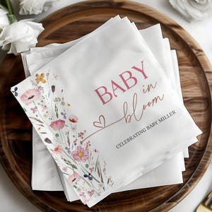Baby Shower Napkins, Floral Design Napkins, Baby in Bloom Celebration, Custom Baby Shower Decor, Personalized Party Napkins, BIB