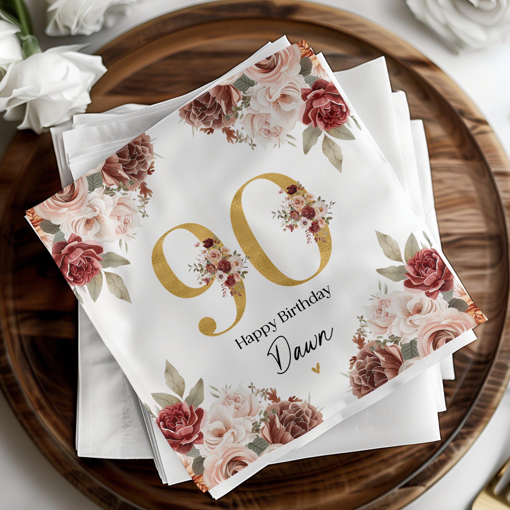 Personalized 90th Birthday Napkins, Custom Party Napkins For Woman, Mom Or Grandma, Floral 90th Table Decor, Milestone Party Supplies, BFC