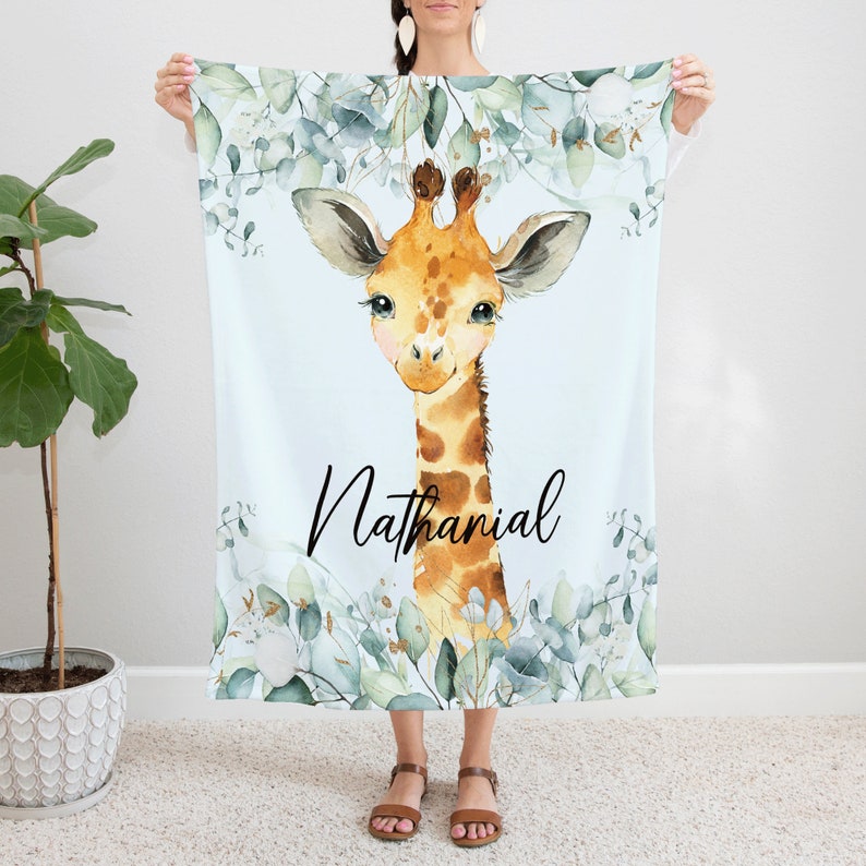 Watercolor Giraffe Blanket for Kids, Soft Floral Throw, Cute Animal Nursery Decor, Cozy Baby Shower Gift Idea, Unisex Bedroom Accessory image 1