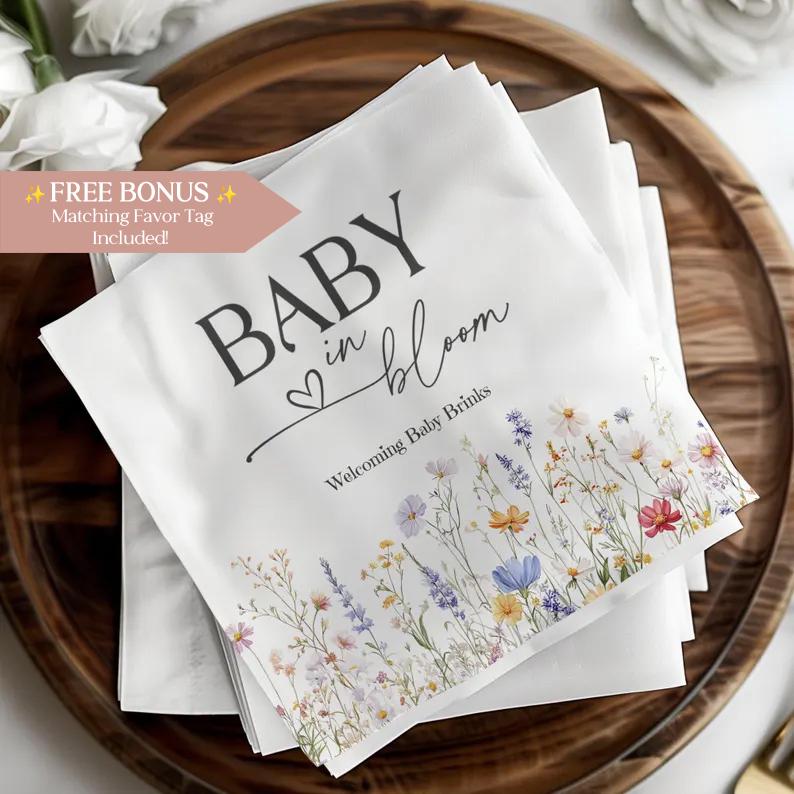 Baby in Bloom Dinner Napkins, Custom Floral Party Supplies, Wildflower Baby Shower Decor, Set of 50 Luncheon or Cocktail Napkins, BIB