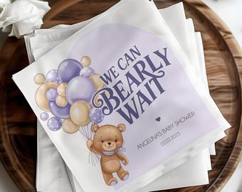 Purple "We Can Bearly Wait" Baby Shower Napkins, Custom Teddy Bear Baby Shower Decor, Personalized Bear Theme Cocktail Napkins