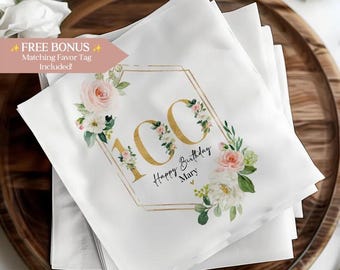 Personalized 100 Years Custom Printed Napkins, Elegant 100th Birthday Party Decor, Set of 50 Cocktail or Luncheon Napkins