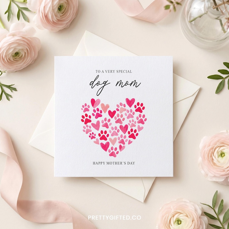 May include: A white greeting card with the text "TO A VERY SPECIAL dog mom" and "HAPPY MOTHER'S DAY". The card features a heart made of pink paw prints and hearts. The card is surrounded by pink flowers and a ribbon.