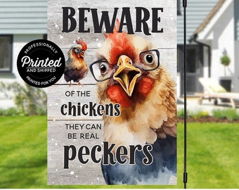 Beware Of Chickens Garden Flag 12x18, Funny Chicken Warning Yard Decor, Unique Farmhouse Outdoor Decoration, Chicken Lover Gift Idea