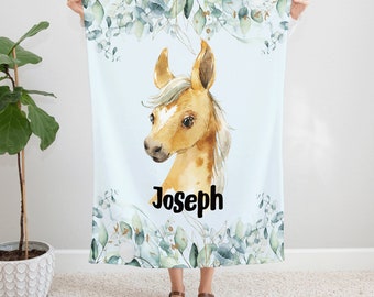 Personalized Horse Blanket for Kids, Custom Name Soft Fleece Throw, Equestrian Theme Nursery Decor, Unique Gift for Horse Lovers