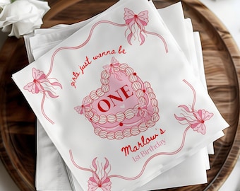 Personalized Girls Just Wanna Be One Napkins, Coquette Pink Bow Luncheon or Beverage Napkins, Custom First Birthday Party Napkins For Her