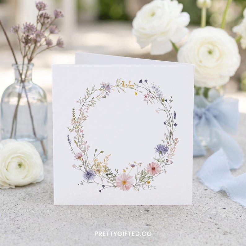 Puede incluir: Una tarjeta de felicitaci&oacute;n cuadrada de color blanco con una delicada ilustraci&oacute;n en acuarela de una corona floral circular hecha de varias flores silvestres en tonos rosa, morado, amarillo y verde. El texto PRETTYGIFTED.CO est&aacute; impreso en el centro inferior.