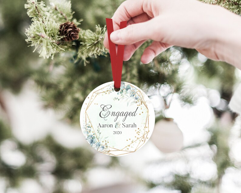 Personalised First Christmas Engaged Green Botanical Watercolour Metal Round Decoration Ornament Keepsake