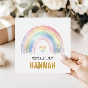 Rainbow First Birthday Card, Personalized Pastel Birthday Card for Girl, Custom 1st Birthday Keepsake, Glitter Effect Rainbow Card, GRC