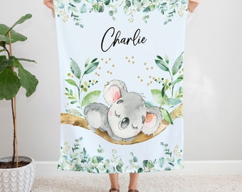 Cute Koala Baby Blanket, Soft Animal Nursery Bedding, Greenery Illustration, Cozy Kids Throw, Gender Neutral Baby Shower Gift Idea