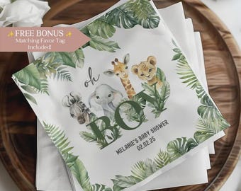 Oh Boy Safari Napkins, Personalized Jungle Animal Baby Shower Napkins, Custom Wild One Safari Cocktail Napkins, Baby Shower Decor