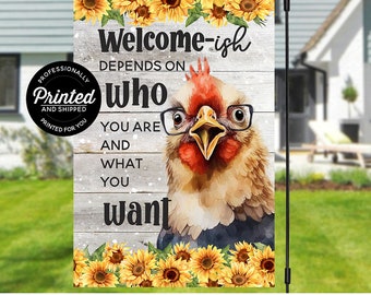 Rustic Chicken Welcome Garden Flag, Sunflowers Farmhouse Decor, Outdoor Yard Banner, Unique Housewarming Gift, 12x18 Size, Printed & Shipped