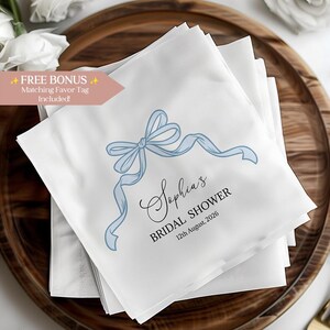 Personalized Blue Bow Bridal Shower Napkins, Custom Name & Date Wedding Shower Decor, Soft Something Blue Theme, Classy Bride Napkins