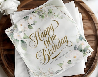 Personalized 90th Birthday Napkins, Elegant Greenery Milestone Party Cocktail Napkins For Ladies 90th Birthday, Custom Printed Napkins