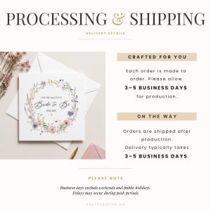 May include: White square card with floral wreath design and text "Bride to Be" with a name. The card is part of a wedding stationery set. The image also includes text about processing and shipping details.