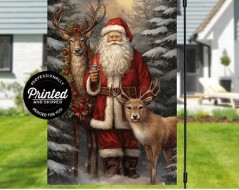 Christmas Garden Flag With Santa And Reindeer, Festive Outdoor Decor, Winter Holiday Lawn Decoration, 12x18 Durable Yard Banner