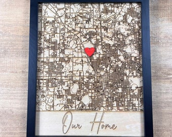 Our first home,Laser Cut Map, map art, laser engraved gifts, Where we met,Wood Art, Custom City Map, Wood Anniversary Gift, Office gift