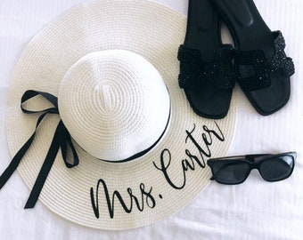 Floppy Beach Hat, Custom floppy beach hat, honeymoon beach hat, custom beach hat, personalize sun hat, straw hat bride, custom sun hat